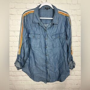 Dear John lyocell long sleeve chambray‎ button up shirt crochet accents, sz M